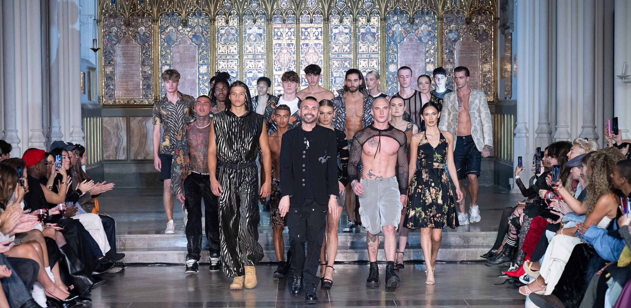 LONDON, ENGLAND - SEPTEMBER 20: Designer Erik Rosete and models walk the runway at the Mister Triple X show during London Fashion Week Powered By Art Hearts Fashion at St. John's Hyde Park on September 20, 2025 in London, England. (Photo by Mark Gunter/Getty Images for Art Hearts Fashion)